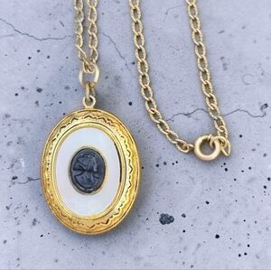 Antique lava cameo hidden locket pendant necklace